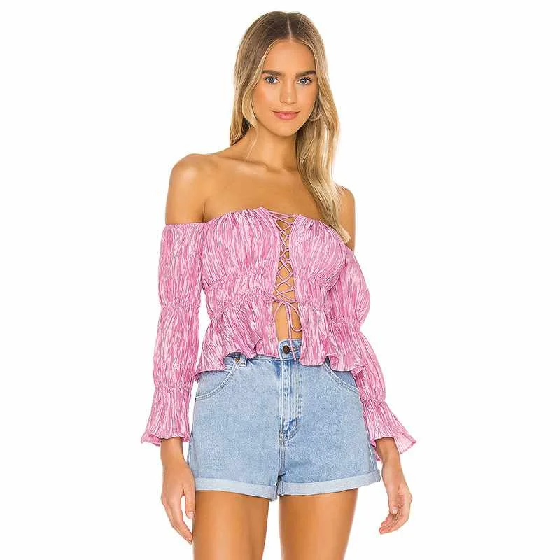 

2021 Summer New Women's Short Cardigan Sexy One-shoulder Folds Flared Sleeve Long-sleeved Top, Picture color