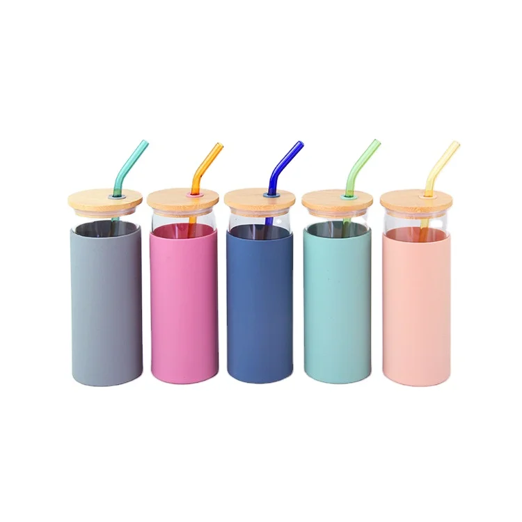 

Leakproof bamboo lid glass cup silicone cover glass drinking cup with straw, Transparent