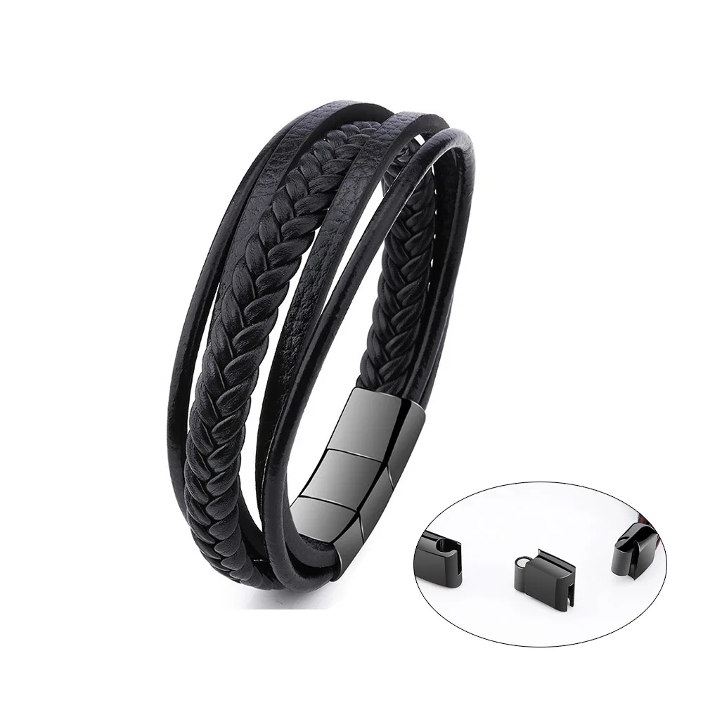 

Wholesale Stainless Steel Magnetic Clasp Leather Wrap Bracelet Multilayer Braided Leather Bracelet for Men, As picture