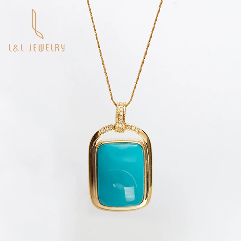 

New classis design cushion vivid blue nature turquoise with 18K gold real diamond pendant necklace chain jewelry