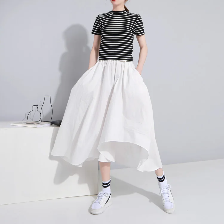 

2021 style skirt asymmetrical cut elasticize waist large pendulum trouser type middle long Korean version skirt for woman 1036, White