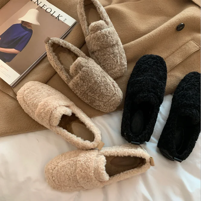 

New style Winter Indoor Outdoor slip on plush sandals faux fur Loafer Women casual shoes women sneakers, Black, khaki, apricot