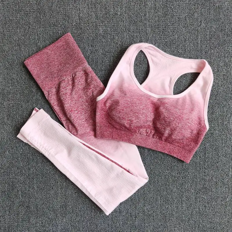 

Hot Selling Gradually Changing Colors Fitness Clothing Seamless Knitted High Waist Bra Pants 2 PCS Women Fitness Yoga Sets, Picture shows