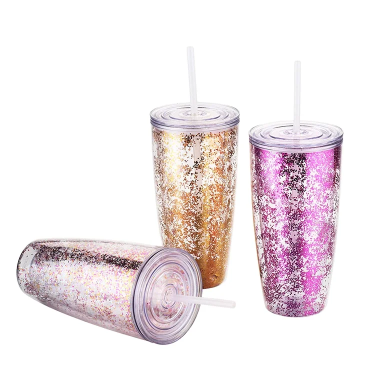 

Promotional new design food grade wholesale reusable straw insulated double wall plastic cup glitter tumbler with straw, Customized color