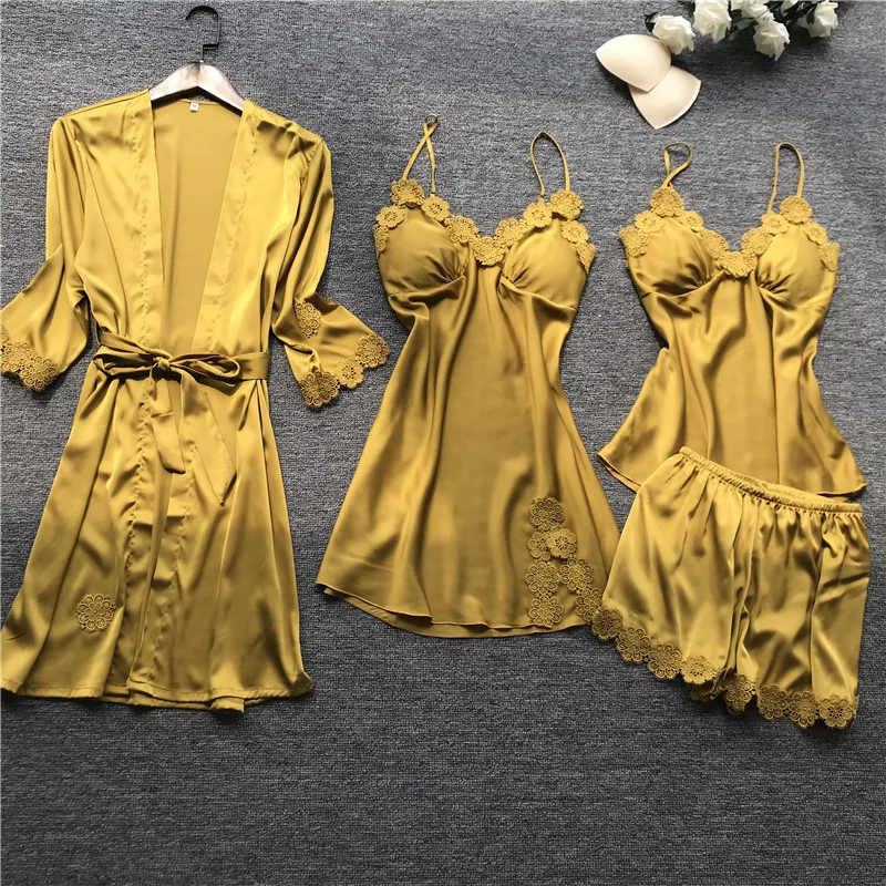 

2022 Wholesale Four Piece Pajama And Home Wear Bathrobe Luxury Silk Satin Women Bridal Sleepwear Robe Set, Picture shows and custom you design color
