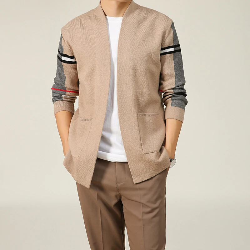 

Casual Knitted Cardigan Sweaters For Men Khaki Color Striped Pockets Slim Men's T Shirt Sweater Fall Leisure Style Clothes