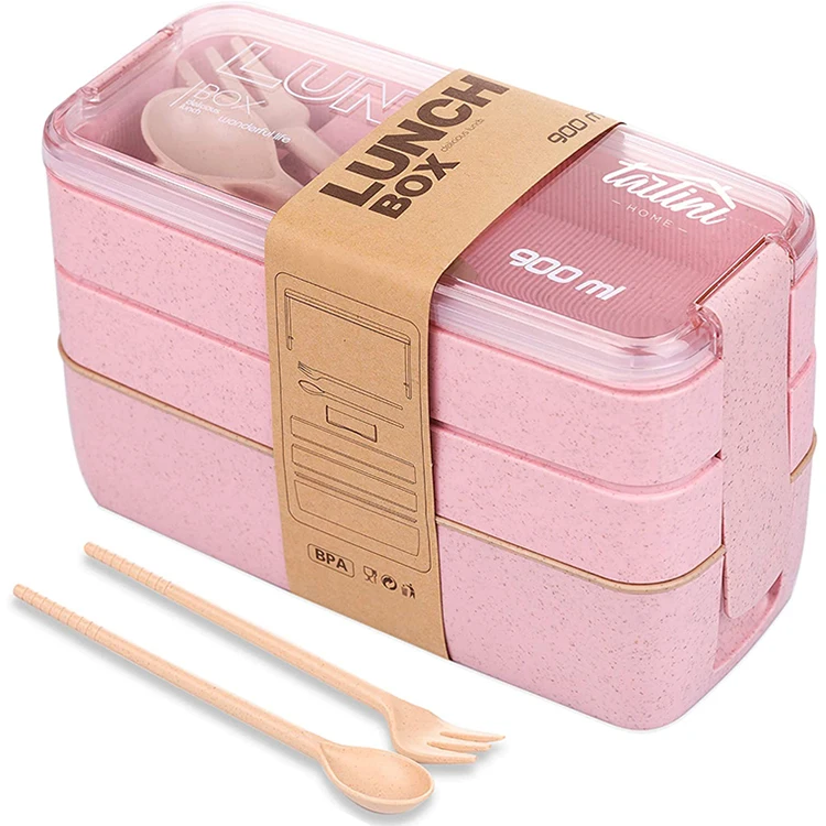 

Microwave Safe Adults Kids Wheat Straw 3 Stackable Lunch Boxes Built-in Plastic Utensils Chopsticks Bento Boxes