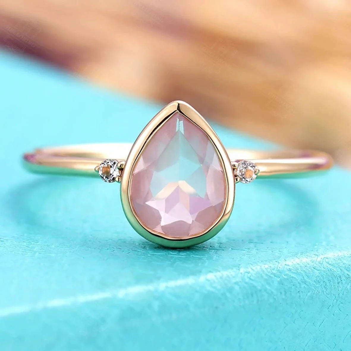 

925 Sterling Silver Bridal Jewelry Pear shaped white topaz ring for Women Rose quartz engagement ring