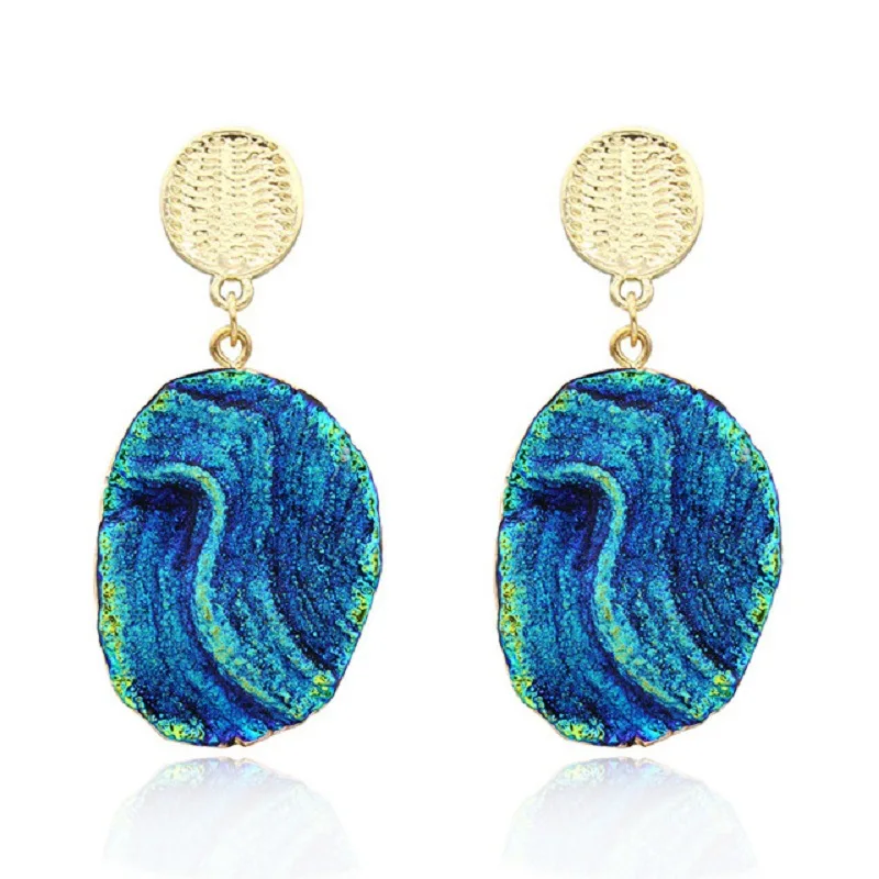 

Blue Dangle Hoop Earring Agate Shaped Geode Slice Druzy Turquoise Stud Earrings in Gold Plated