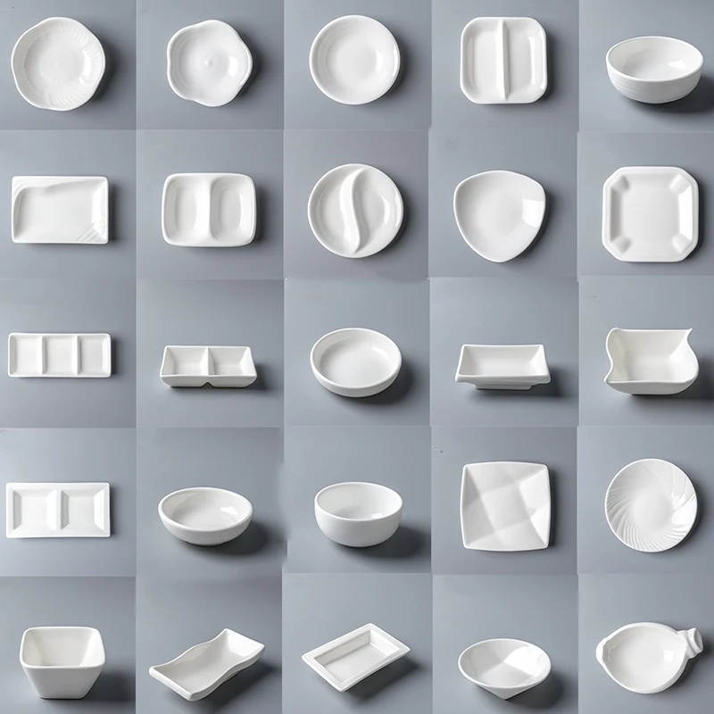 8 Inch Rectangle Sauce Plate Three Grid Sauce Saucer Divided Ceramic Divided Small White