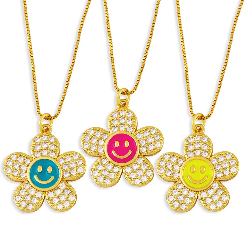 

NZ1221 NEW 18K gold plated brass cz diamond micro pave enamel sun flower smiley Charm Pendant Necklaces