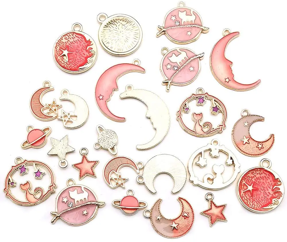 

24 Pcs Assorted Gold Plated Enamel Moon Star Cat Celestial Charm Pendant DIY for Earrings Necklace Bracelet Jewelry Making