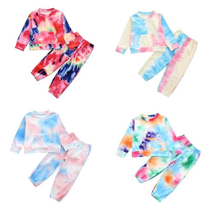 

2021 ins tie dye long sleeve colorful round collar girls leisure sports two pieces set girl clothes 3 years kids for wholesale, As pic shows, we can according to your request also