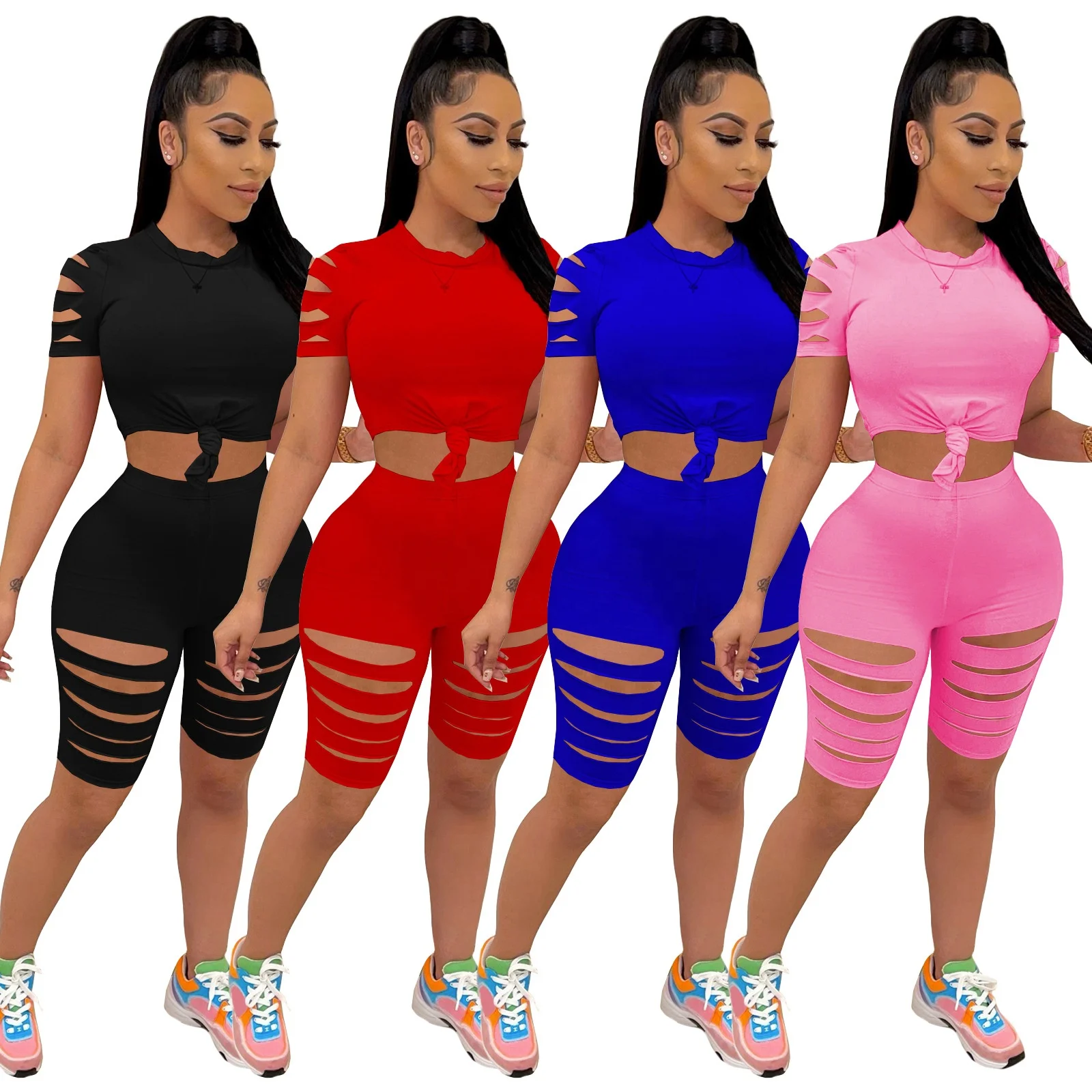 

MT61-4282 New blank skinny jogger shorts suit 2 piece biker ripped outfits burnt casual women summer short set