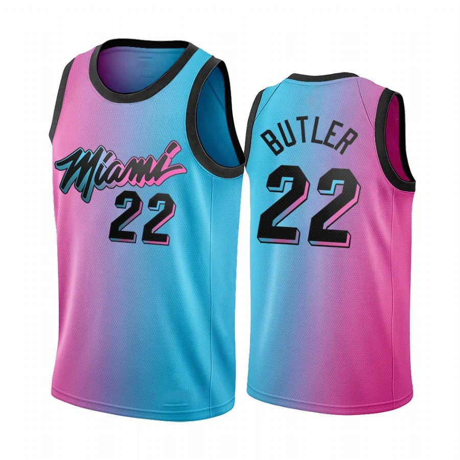 

Miami City Heat Custom Logo Basketball Uniforms City Edition jersey Blue Pink 13 Adebayo 14 Tyler Herro 22 Jimmy Butler 3 Wade