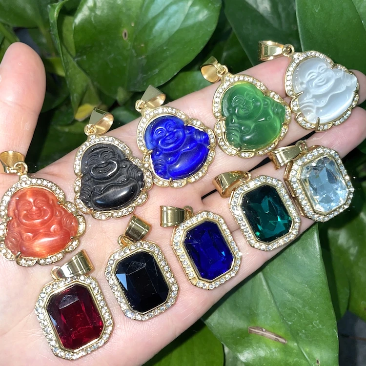 

Factory Real Jade Square Necklace Gold Filled Stainless Steel Pendant Laughing Buddha Necklace Jewelry For Women And Men