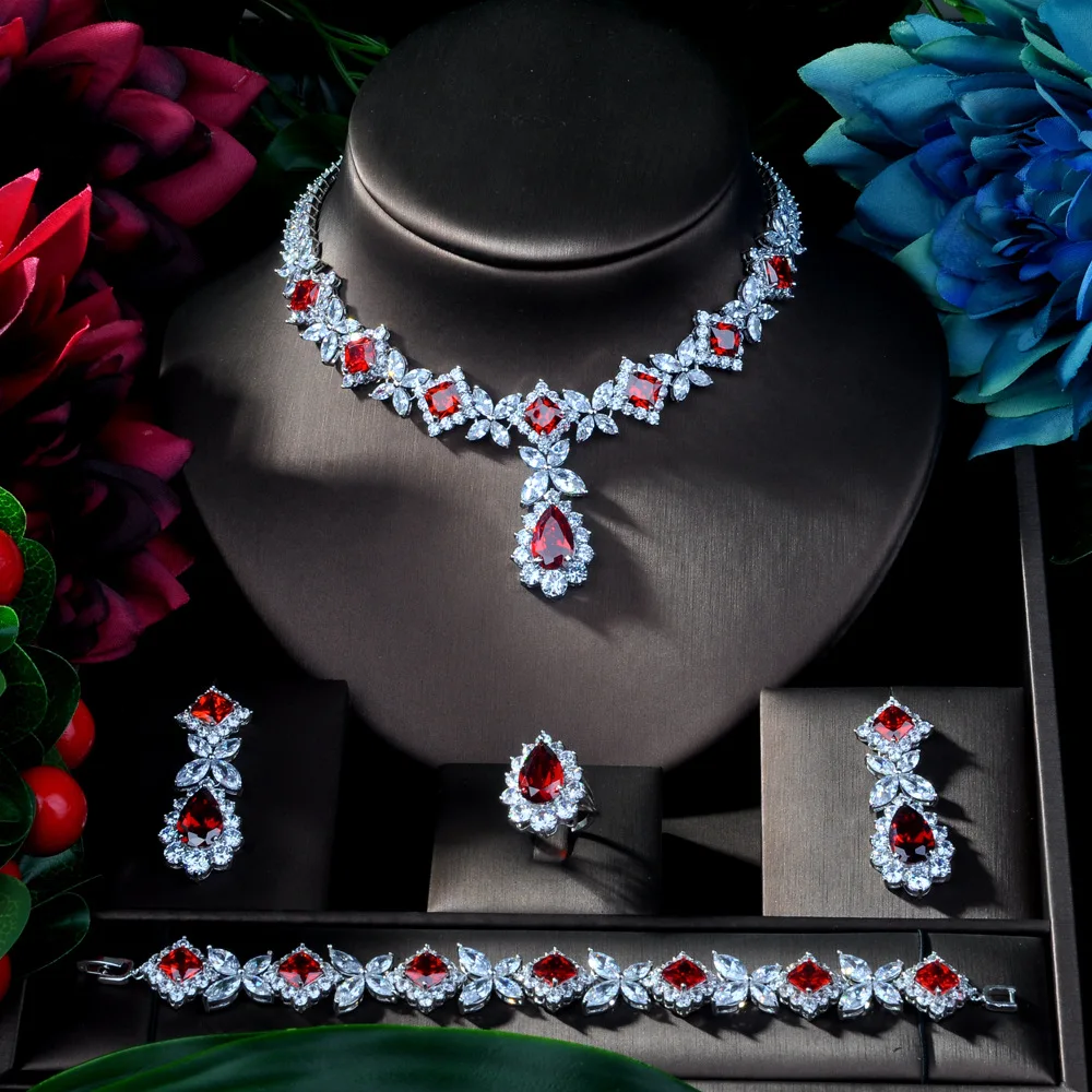 

Dark red crystal cz bridal necklace silver wedding jewelry sets