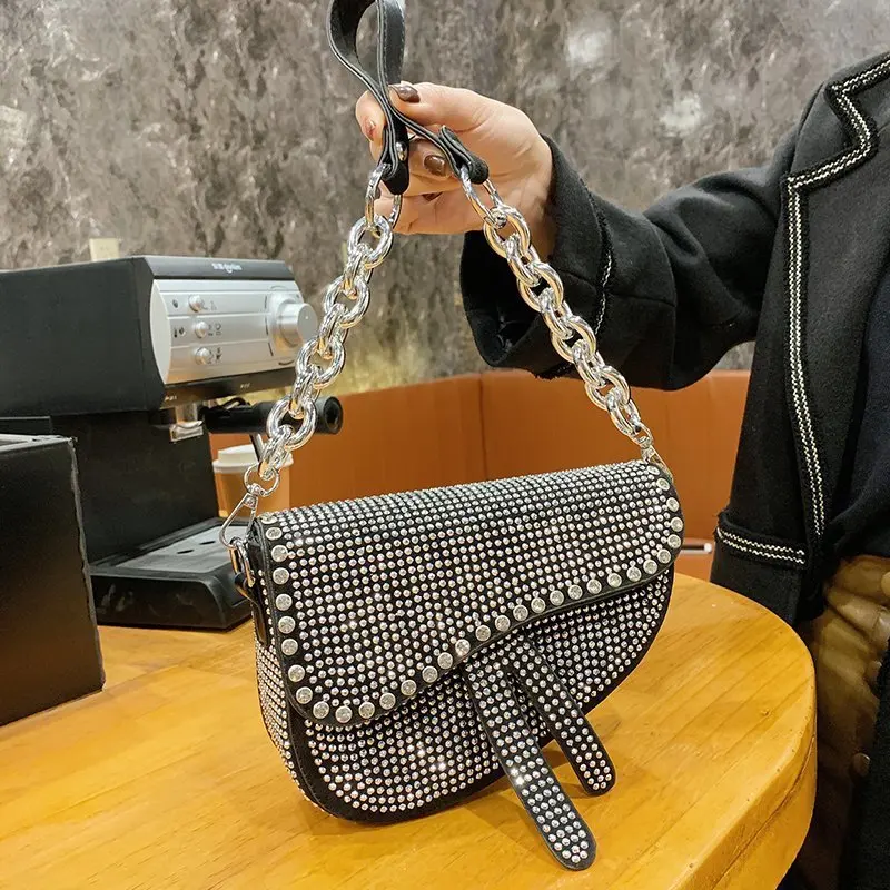 

evening full diamond luxury crossbody handbag purse popular trendy crystal bling saddle shoulder bag purse for ladies, As picture