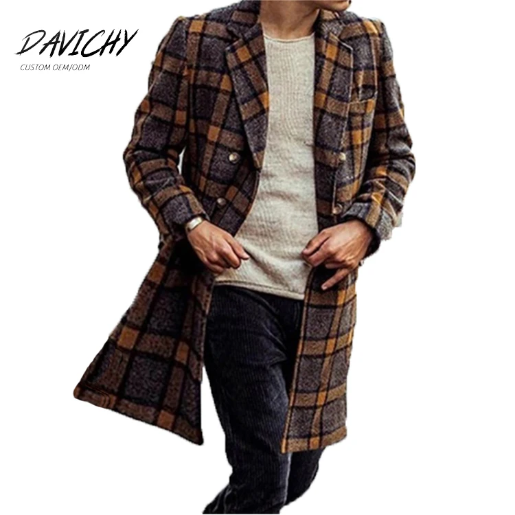 

2021 OEM Latest Plus Size Custom Men Trench Coat Winter Slim Fit Double Breasted Plaid Long Coats