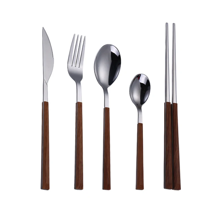 

Stainless Steel Fork Spoon Knife Flatware With Wood Design PP Handle Cutlery Set, Silver