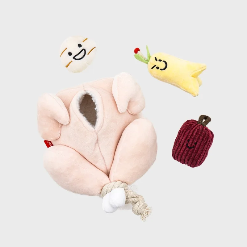 

Hot Selling Samgyetang Chew Toy Set Chicken Jujube Chestnut Ginseng Durable Soft Plush Interactive Toy Squeaky Crinkle Included