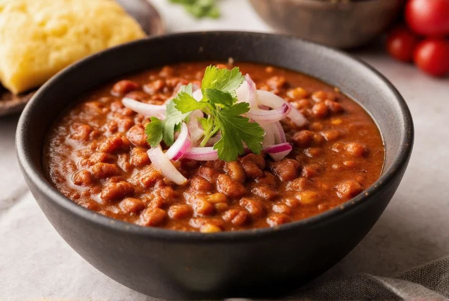 Bowl of steaming bacon chili topped with fresh cilantro and pickled red onions served with cornbread