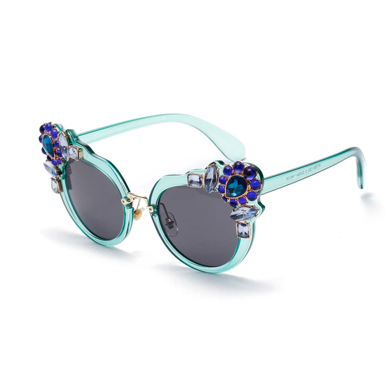 

X1759 New selling transparent green frame shades with decorate flower retro cat eye sunglasses