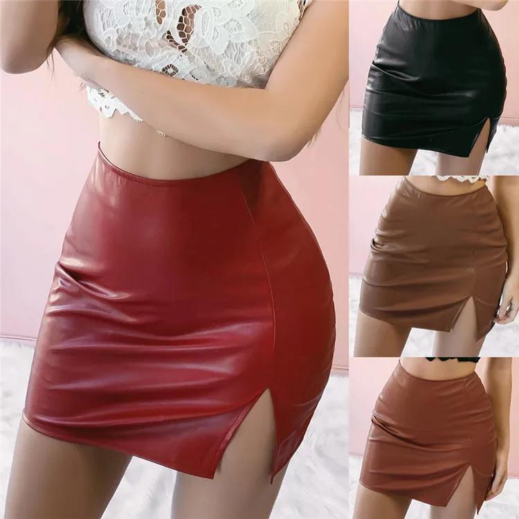 

Sexy solid color high waist PU leather skirt for ladies club wear sexy short mini skirts women, Customized color