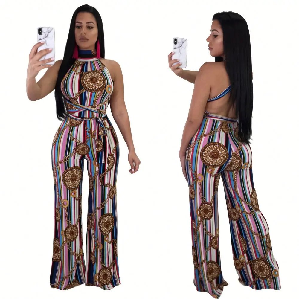 

2021 Summer Rompers Fashion Bohemia Ladies Halter Sleeveless Loose Wide Leg Pants One Piece Jumpsuits, Picture