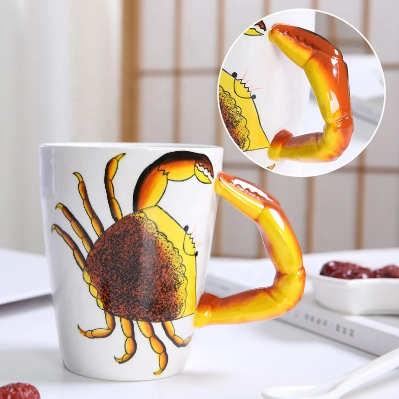 

OEM ODM custom design low MOQ hand painted 3D animal crab design ceramic water coffee cup no handle