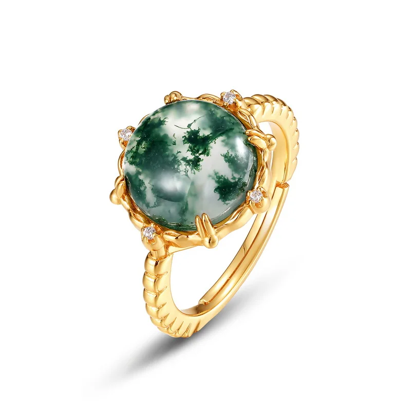 

Original Design Wholesale Gemstone Green Agate Rings 925 Sterling Silver Jewelry Big Carat Natual Moss Agate Ring for Women