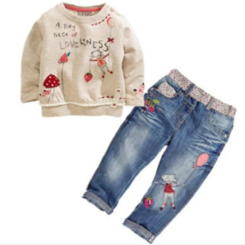 

Wholesale autumn new kids boutique children's clothing cute girl floral long-sleeved shirt casual jeans suit, As pic shows, we can according to your request also