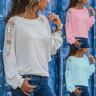 

2021 Spring Women Round Neck T-shirt Casual Long Sleeve Tops Ladies Fashion Loose Shirts Pure Color Lace Blouse, As shown on picture