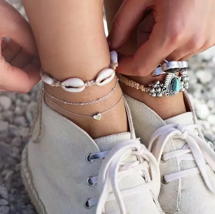 

Wholesale Fashion Boho hand beaded shell anklet double beach anklet Foot Chain set for women