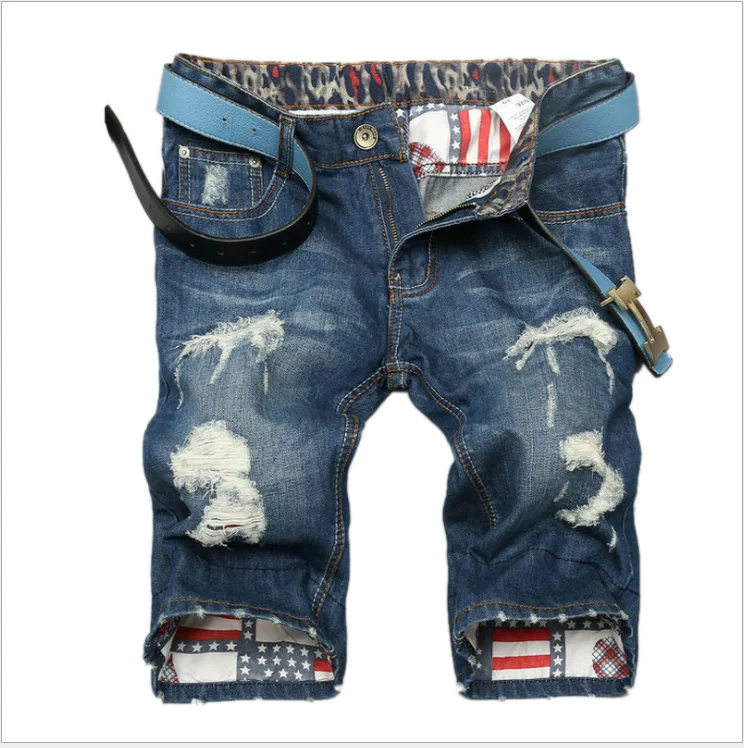 

Summer Torn Jeans Men's Trousers Slim Straight Jeans Fifth Pants Trousers Roll-up Decorative Printed Linin