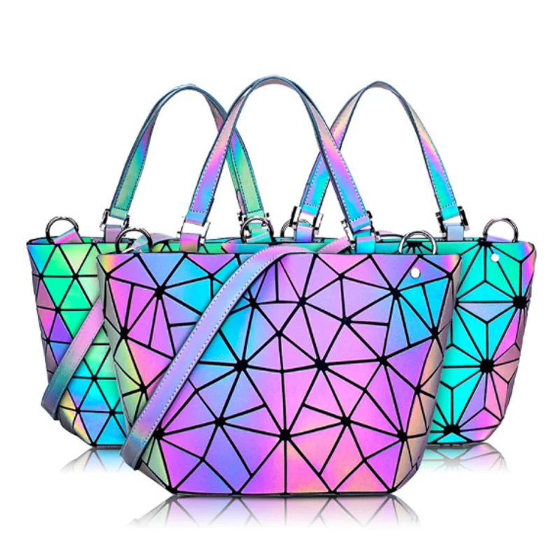 

best sale women colorful night reflective fashion fold cross body luminous geometric plaid bucket tote hand shoulder bag handbag