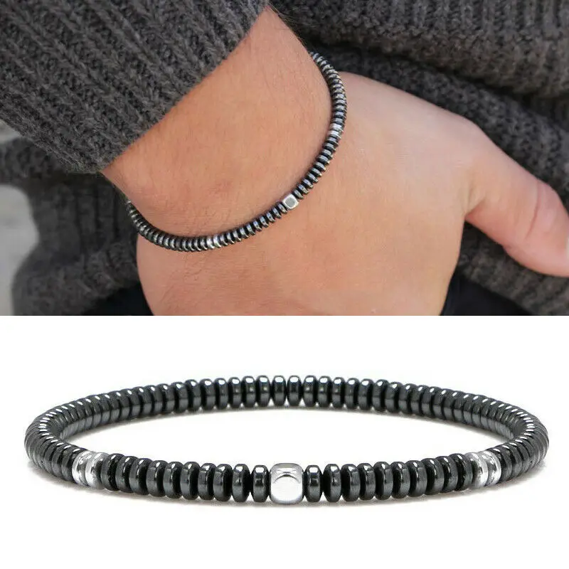 

2020 Simple Men's 4mm Silver Hematite Disc Beads Gemstone Stretch Bracelet Stacking Jewelry