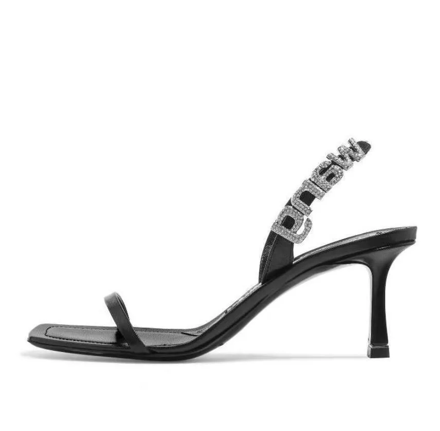 

Wang Bling Rhinestone Chaussure Talon Square Toe 2020 New Arrival Heels Famous Brands Luxury Designer Sandals for Women, Black