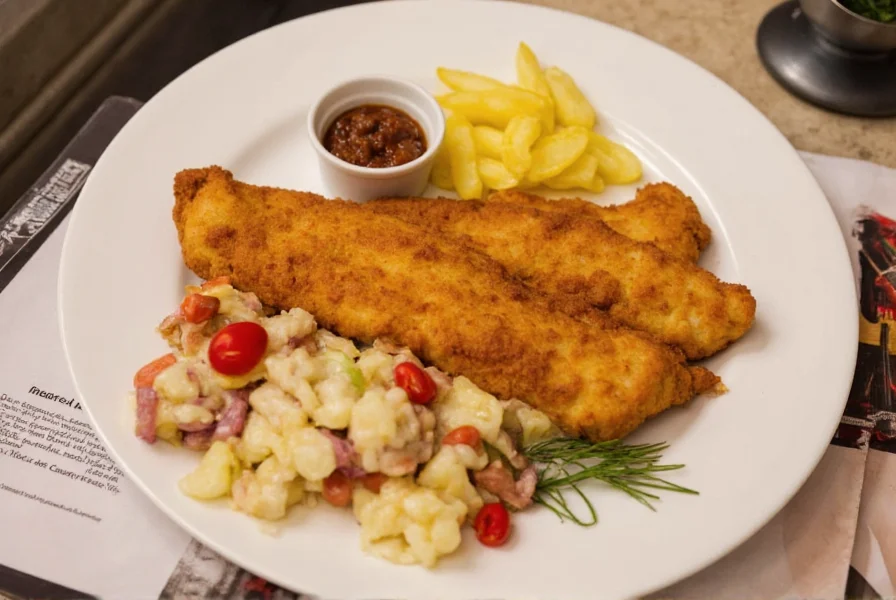 Fusion dish showing wiener schnitzel with small side portions of mild chili and traditional potato salad