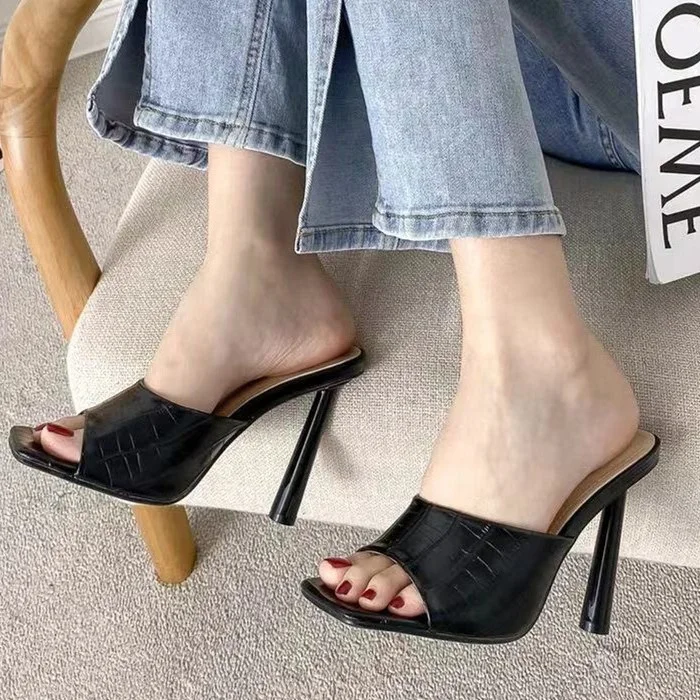 

Western Animal Print Style Square open Toe women high Heel shoes Summer Dress Sandals Anti-Slippery slides slippers shoes, Black apricot