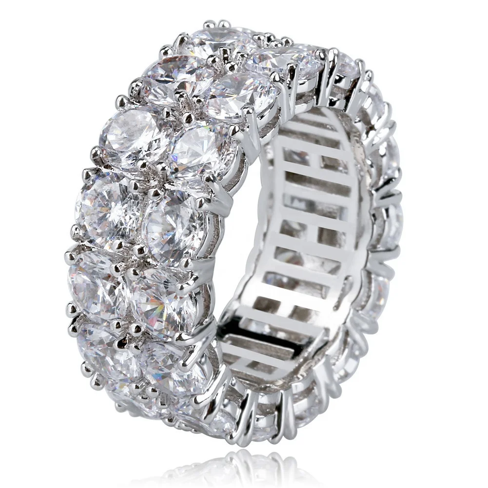 

2 Rows hip hop ring gold plated round cut iced out CZ stone tennis chain eternity band rings for men women, Picture shows