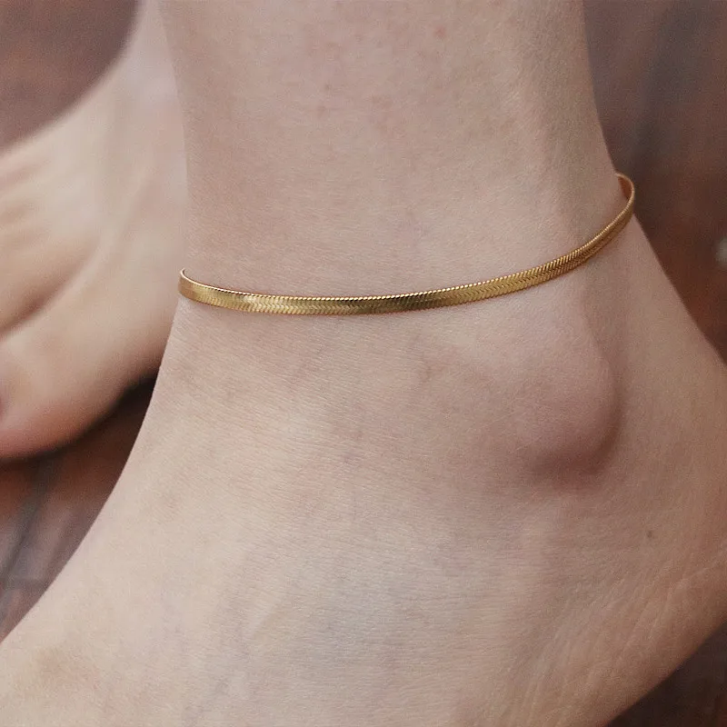 

Waterproof Wide Flat Snake Chain Anklets for Women 18K Gold Plated Herringbone Anklet Plain Minimalist Stainless Steel Jewelry