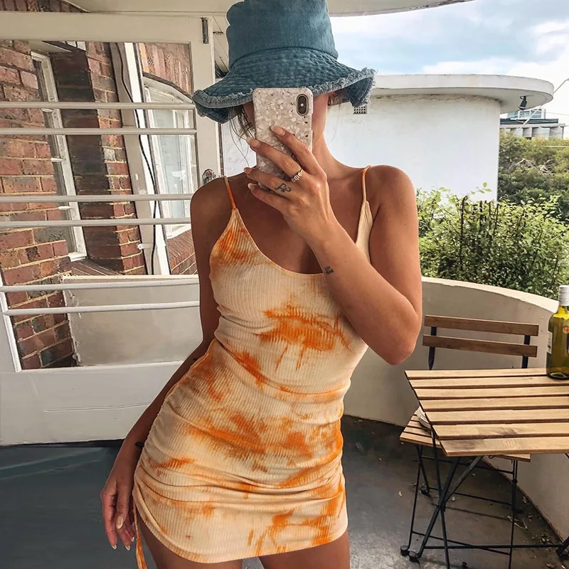 

Casual Spaghetti Strap Low-Neck Mini Dresses Women Summer Bodycon Printing Elastic Slim Lady High Waist Dress 2021 New, As picture