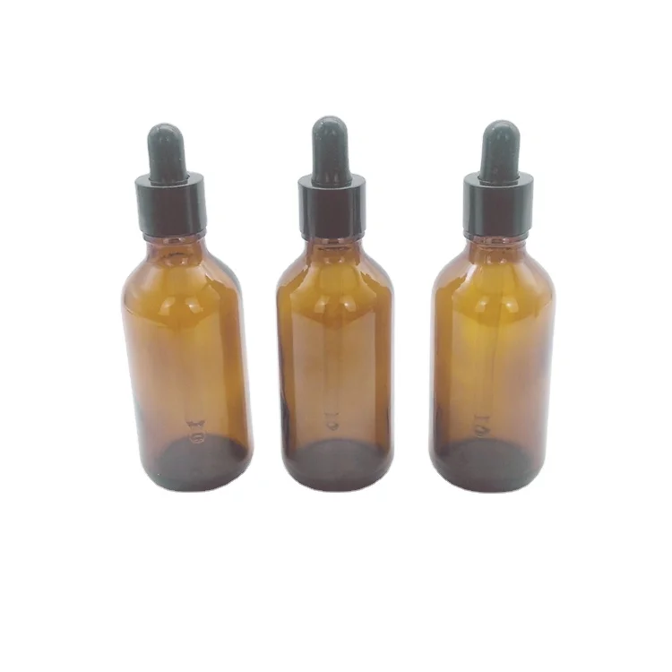 

60ml amber skincare round glass essential oil bottle with black dropper lid