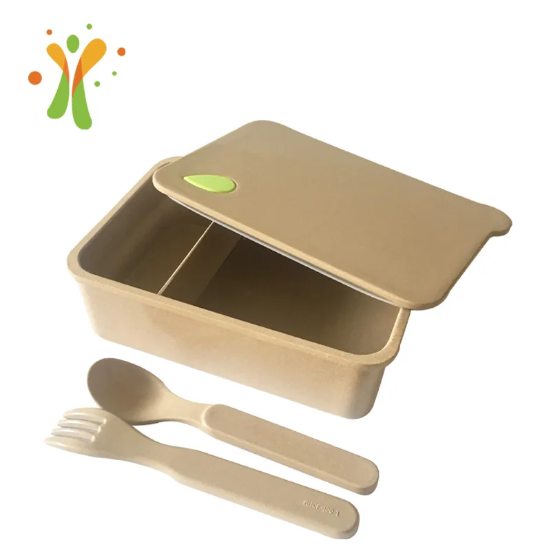 

Takeaway food container biodegradable rice husk bento lunch box with spoon and fork