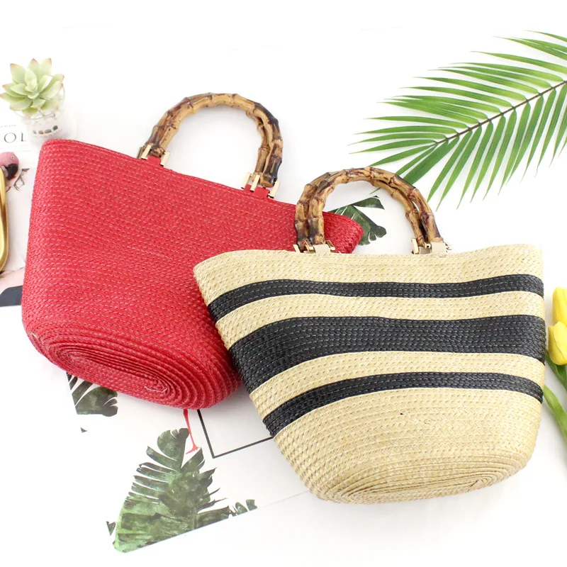 

Casual Striped Rattan Beach Bag Handmade Bamboo Handle Straw Tote Hand Bag, 3 colors