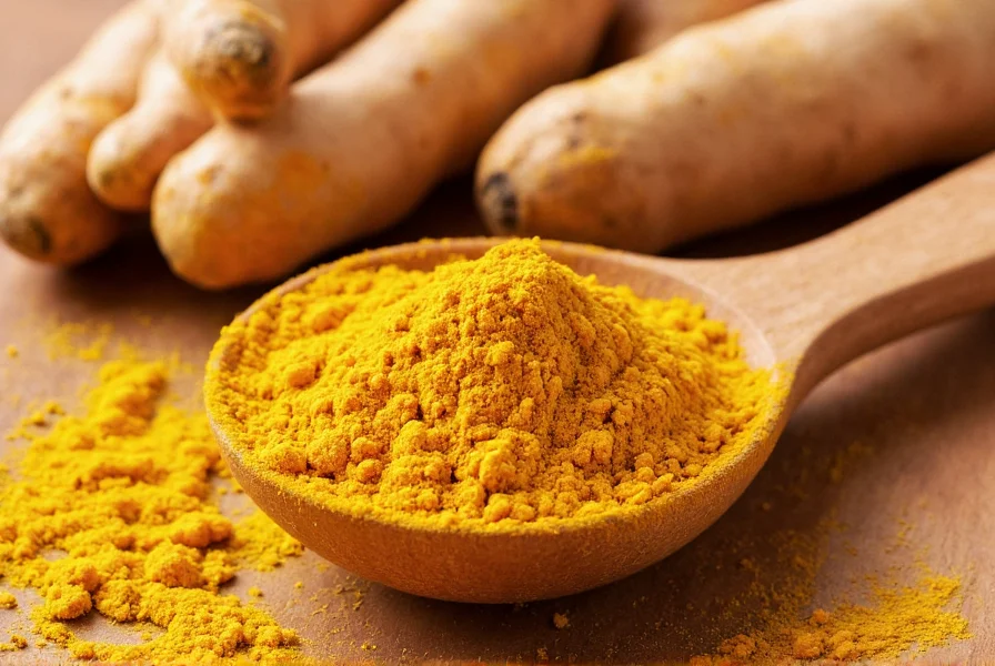 Close-up of golden turmeric powder sprinkled on a wooden spoon with fresh turmeric root nearby