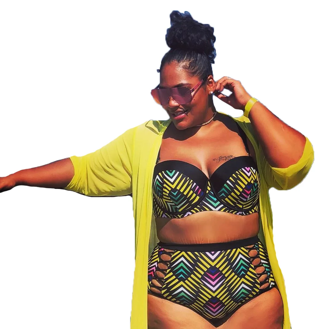 

Wholesale European and American plus size Striped High Waist Bikini Ladies Split Swimsuit Digital Printing, Shown