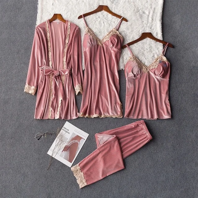 
Gold Velvet 4 Pieces Kit Ladies Lace Robe Sexy Sleeveless Nightwear Pajamas Sets Sleepwear Women 