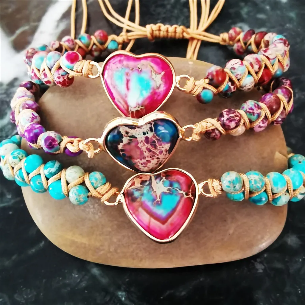 

8mm Natural Stone Wrap Boho Heart Charm Bracelets Yoga Friendship Lover Jewelry Couples Jasper Beads String Braided Bracelets